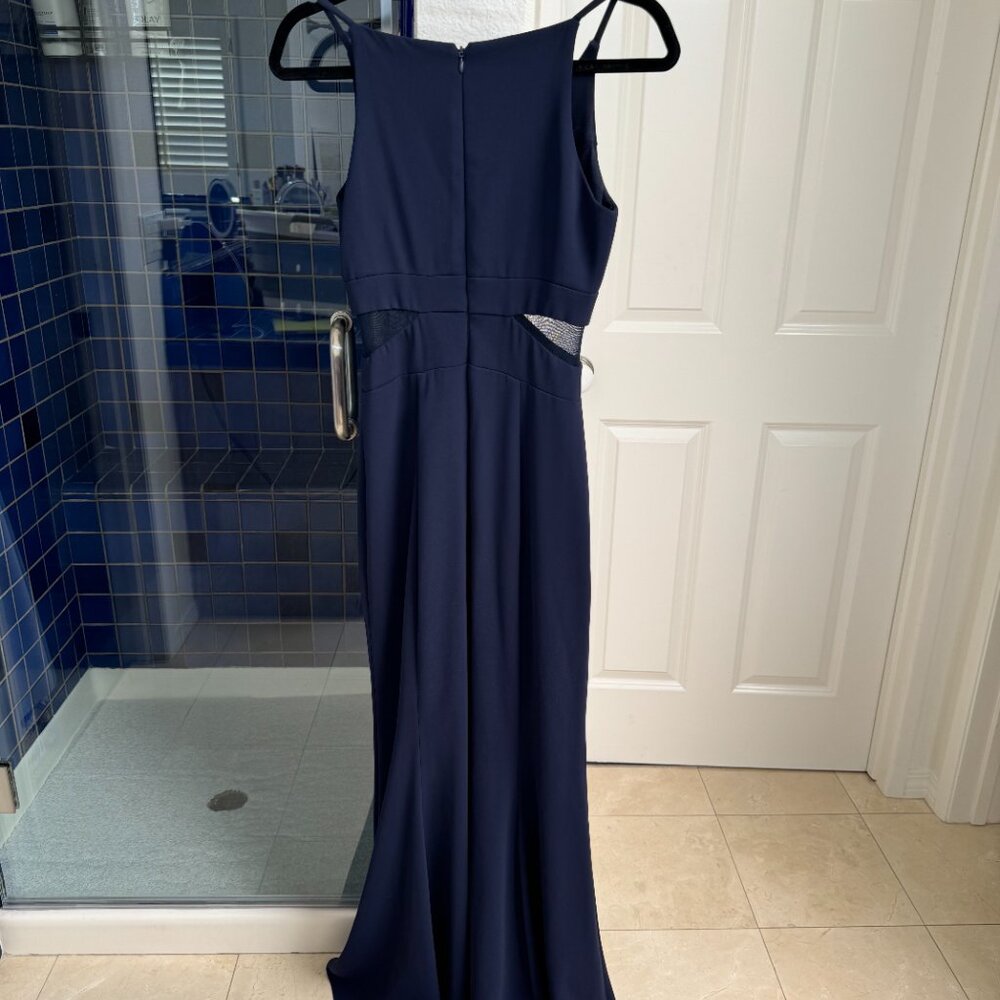 AQUA FLOOR LENGTH DRESS, SMALL, NAVY. BLACK MESH CUTOUTS, WORN ONCE!!